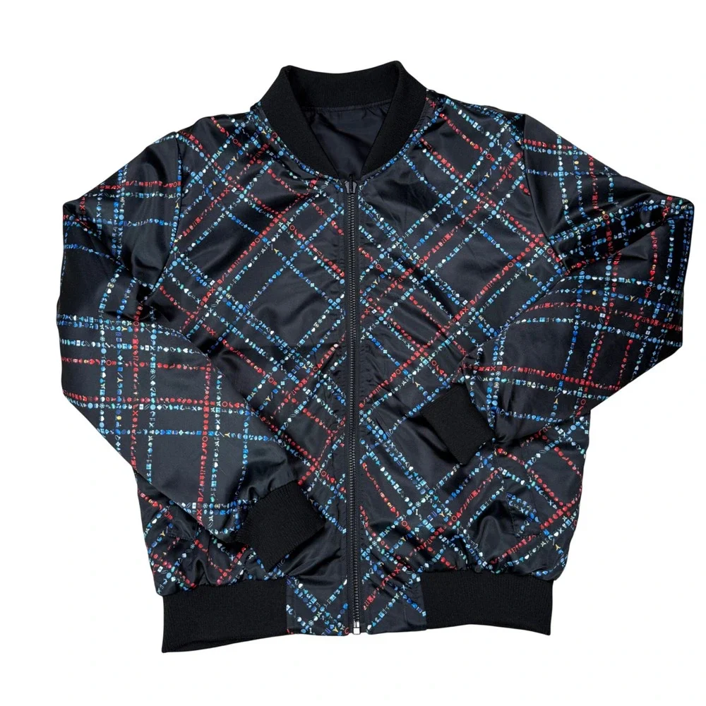 Apple‎ Software Mens Smalll Reversible Bomber Jacket Black Plaid Tech Streetwear